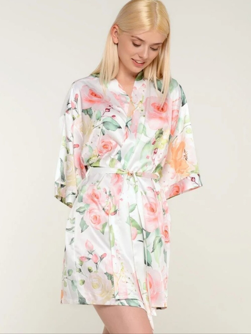 White Carmen Floral Satin Kimono Short Robe XXL/XXXL